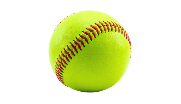 A vibrant yellow sphere with red stitching, isolated against a stark black background - Powered by Adobe