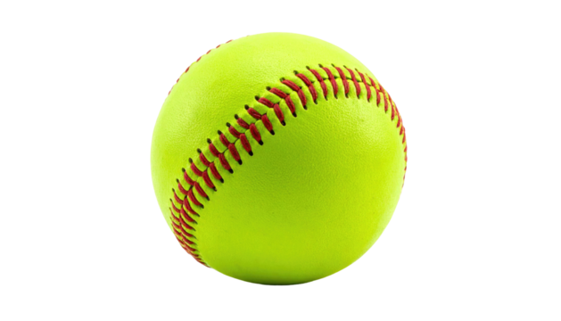 A vibrant yellow sphere with red stitching, isolated against a stark black background