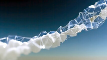 An abstract, geometric structure resembling a cloud or wave, composed of translucent, faceted polygons against a gradient sky.