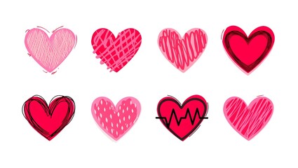 Set of eight various pink and red hand drawn heart shapes isolated on white background