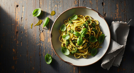 Delicious Pasta Dish with Pesto, Pine Nuts, and Fresh Basil in a Rustic Setting