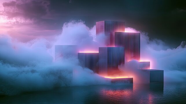 Abstract geometric shapes emerge from water, shrouded in mist and illuminated by glowing neon lights, creating a surreal and atmospheric scene.