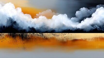 An abstract, painterly landscape featuring dramatic, dark clouds above a textured golden horizon, with a reflective, watery foreground. The mood is moody and at