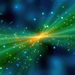 Obraz premium Abstract depiction of vibrant green and yellow light streaks radiating from a central point, with scattered blue and yellow particles against a dark blue backgr