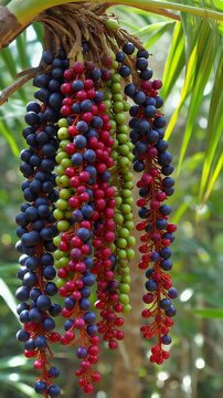Palm tree berries cluster, colorful acai-like fruits, tropical forest plant, ripening stages, sunlight, vivid detail.