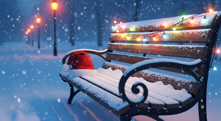 Snowy Park Bench Adorned with Christmas Lights and Santa Hat, Festive Winter Scene