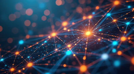 Neon network glowing points connecting lines abstract web technology background data visualization digital grid futuristic pattern light nodes energy flow evoke dynamic connectivity and innovation