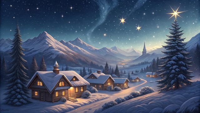 Snowy village night starry sky mountain landscape wooden cabin pine tree winter scene glowing light serene clear sky frosty