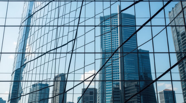 Glass facade reflection skyscraper modern architecture city skyline urban blue window grid office tower abstract pattern daylight. Calm mood with sleek lines and mirrored cityscape across tall