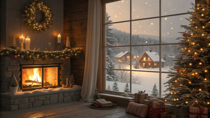 Cozy fireplace warm lights winter cabin snowy night pine tree holiday decor glowing candles rustic wood wreath gift box. Cozy fireplace warm lights winter cabin snowy night pine tree holiday decor
