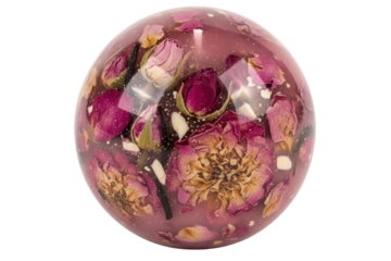 Translucent pink sphere filled with dried rose buds and flower petals isolated with transparent background
