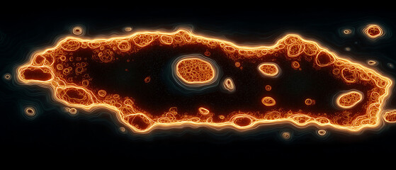 Bold biomorphic forms floating in space, outlined cells, glowing ember texture, volcanic surface, heat gradients, rim lighting, dark void backdrop