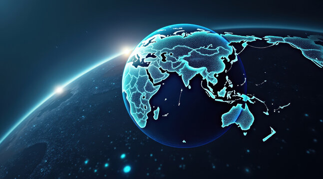 Futuristic globe digital earth global network glowing map world map cyberspace data visualization neon blue technology planet Earth now orbits silence as sunrise casts hope across oceans and lands