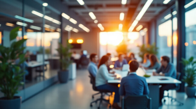 Blurred office interior modern workspace warm lighting sunset glow business meeting teamwork creative agency open plan glass wall city view collaborative corporate startup discussion brainstorming - Powered by Adobe