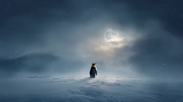 Majestic penguin standing alone in a snowy landscape under a full moon during a winter night