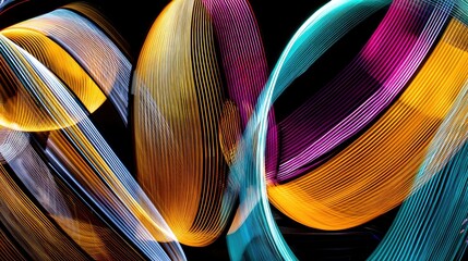 Abstract swirls of vibrant yellow, purple, and teal light trails against a black background, creating a dynamic and energetic visual.