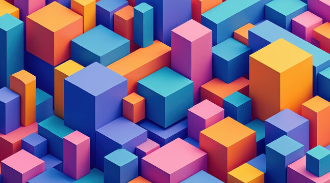 Vibrant geometric blocks colorful abstract shapes 3D cubes isometric cityscape pastel palette modern design digital illustration seamless pattern minimal art playful mood. Bright geometry forms