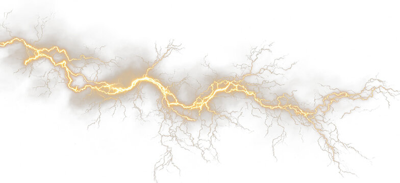 Golden lightning thunder strike light PNG. Bright electric arcs flash across the sky in a storm. Ideal for dramatic overlays or intense weather effects.