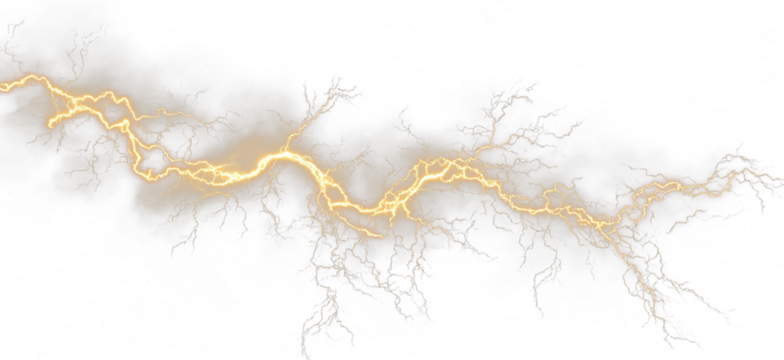 Golden lightning thunder strike light PNG. Bright electric arcs flash across the sky in a storm. Ideal for dramatic overlays or intense weather effects.