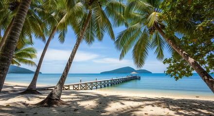 Tropical beach paradise with pier and palm trees, idyllic ocean