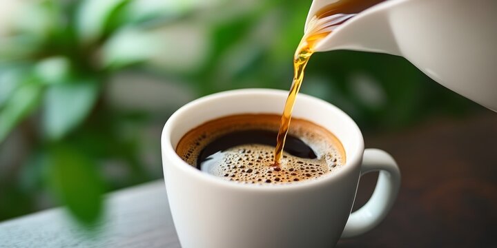 Pouring Freshly Brewed Coffee Into a White Drinking Cup, Morning Energy Boost Beverage at Home