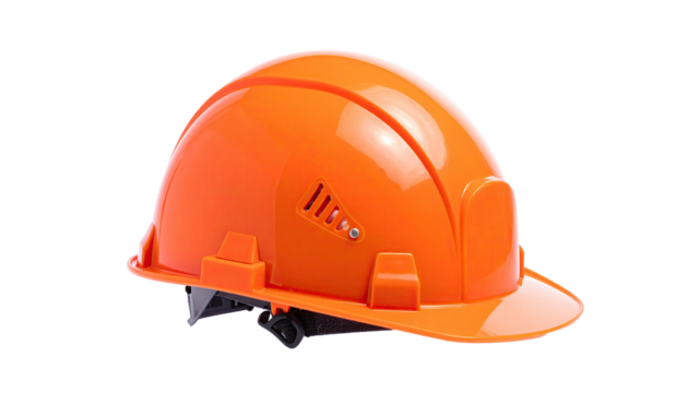 Bright orange hard hat, a protective helmet, isolated on a black background