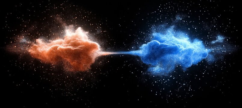 Stunning Abstract Digital Collision of Orange and Blue Particles Creating an Energy Explosion Effect