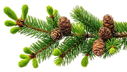 Sprig of evergreen needles and small brown pine cones against a black backdrop