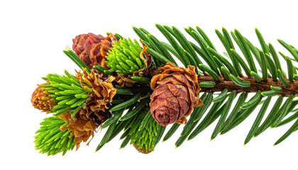 Close-up view of a fir branch with brown and green cones against black