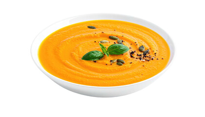 Creamy orange soup in a white bowl, garnished with basil and seeds