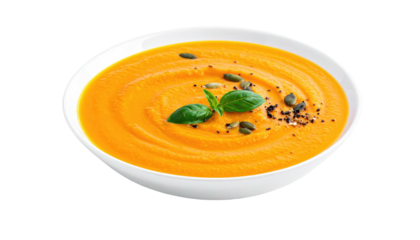 Creamy orange soup in a white bowl, garnished with basil and seeds