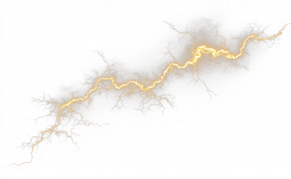 Golden lightning electric storm light PNG. Bright white lightning streaks across the sky. Perfect for dramatic weather overlays on any scene.