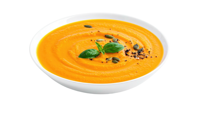 Creamy orange soup in a white bowl, garnished with basil and seeds - Powered by Adobe