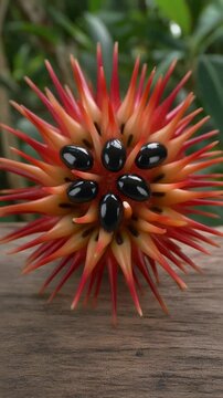Bright orange spiky seed pod with glossy black seeds, close-up of forest garden exotic seed, Adenanthera pavonina or similar tropical plant.