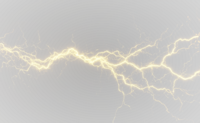 Golden lightning realistic light PNG. Powerful jagged bolts spark from clouds with electric energy. Transparent background for versatile use in designs.