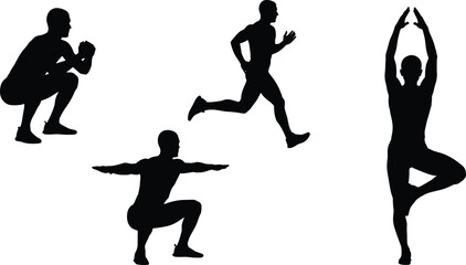 Fitness and Exercise Silhouettes: Men Performing Squats, Running, and Yoga Tree Pose; Active Lifestyles, Health, and Strength Training Vector Collection for Sports Design