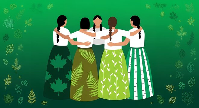 Five women in a circle, embracing each other, against a green background with leaves. - Powered by Adobe