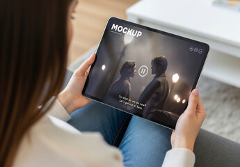 Mockup of woman looking at tablet watching movie