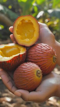 Velvet apple fruit in hands, Diospyros blancoi ripe tropical fruit, Philippine Mabolo harvest.
