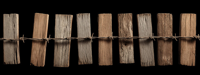Post-apocalyptic wooden slat, barbed wire fence on black background, vertical slats, zoomed out view