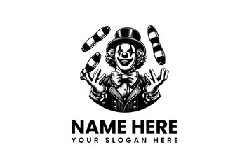A sinister juggling clown character in a top hat, a vintage monochrome evil mascot vector logo illustration