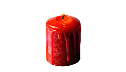 A lit, red, cylindrical candle with melting wax on a stark black background