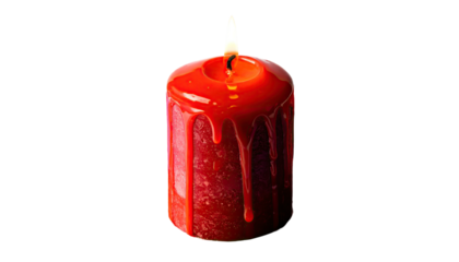 A lit, red, cylindrical candle with melting wax on a stark black background