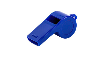 A close-up shot shows a blue plastic whistle with its details against a dark background