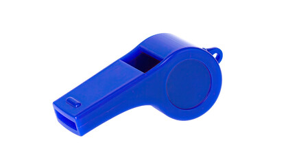 A close-up shot of a vibrant blue plastic whistle on a stark black background