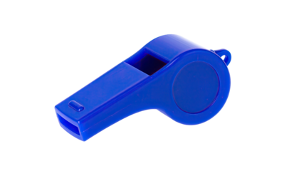 A close-up shot of a vibrant blue plastic whistle on a stark black background