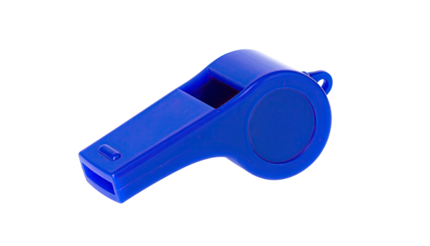 A close-up shot of a vibrant blue plastic whistle on a stark black background - Powered by Adobe