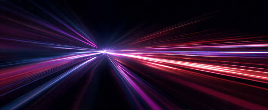 Bright neon lines twist and curve on a dark background. High-speed glowing streaks form dynamic motion trails.