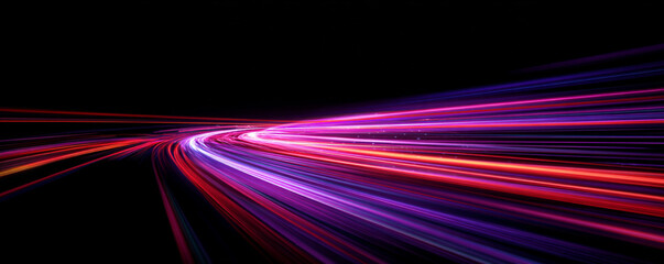 Futuristic neon lines twist and stretch across dark digital space. Glowing streaks flow rapidly along each line.