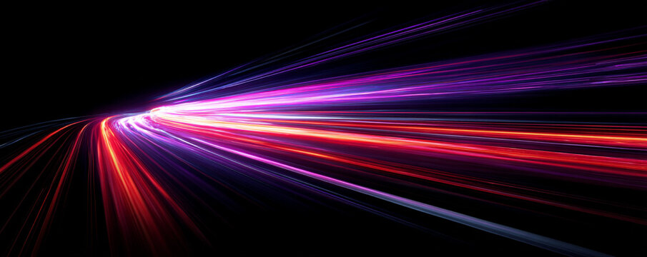 Bright neon lines twist and curve on a dark background. High-speed glowing streaks flow along each line. The motion creates a sense of dynamic energy.